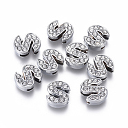 Alloy Initial Slide Charms with Grade A Rhinestones, Lead Free & Nickel Free, Platinum, Letter.S, 12~13x8~13x4~5mm, Hole: 8x2mm(ALRI-R032-S-FF)