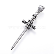 316 Surgical Stainless Steel Big Pendants, Sword with Skull, Antique Silver, 58x20x7mm, Hole: 7x10mm(STAS-F059-AS)