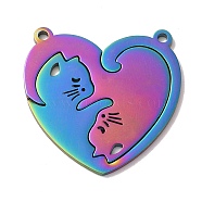 Ion Plating(IP) 304 Stainless Steel Split Pendants, Heart with Cat Charm, Rainbow Color, 30x30x1mm, Hole: 1.8mm(STAS-H212-16MC)