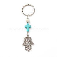 Synthetic Howlite Bead and Synthetic Turquoise beads Keychain, with Tibetan Style Alloy Pendants, Spacer Beads and Iron Eye Pin, Cross & Hamsa Hand/Hand of Fatima/Hand of Miriam with Eye, 10cm(KEYC-JKC00267-04)