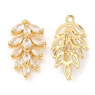 Brass and Clear Cubic Zirconia Pendants, Leaf, Real 18K Gold Plated, 22.5x12.5x7mm, Hole: 1.4mm(ZIRC-Q202-01G)