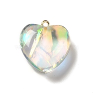 Transparent Resin Pendants, Heart Charms, with Gold Foil and Golden Tone Iron Loops, Clear, 23.5~24x22x11~12mm, Hole: 2mm(RESI-F035-02A)