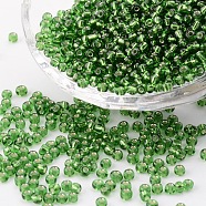 8/0 Glass Seed Beads, Silver Lined Round Hole, Round, Green, 8/0, 3mm, Hole: 1mm, about 1111pcs/50g, 50g/bag, 18bags/2pounds(SEED-US0003-3mm-27B)