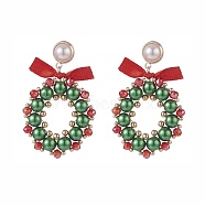 Glass Pearl Braided Christmas Wreath Dangle Stud Earrings, Brass Wire Wrap Drop Earrings for Women, Colorful, 47mm, Pin: 0.8mm(EJEW-TA00082)
