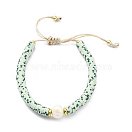 Adjustable Natural Pearl & Polymer Clay Disc Braided Beaded Bracelet for Women, Honeydew, Inner Diameter: 1-3/4~3-1/8 inch(4.5~8cm)(BJEW-O187-06)