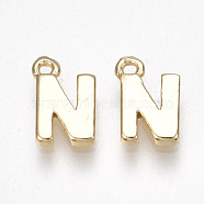 Brass Charms, Letter, Nickel Free, Real 18K Gold Plated, Letter.N, 8.5x5.5x1.5mm, Hole: 0.8mm(KK-S350-167N-G)