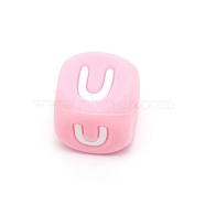 Silicone Alphabet Beads for Bracelet or Necklace Making, Letter Style, Pink Cube, Letter.U, 12x12x12mm, Hole: 3mm(SIL-TAC001-01B-U)