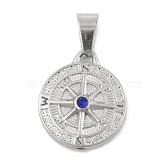 304 Stainless Steel Rhinestone Pendants, Flat Round with Compass Charm, Stainless Steel Color, 19x16x4mm, Hole: 3x7.5mm(STAS-D112-12P-02)