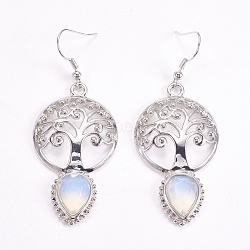 Brass Dangle Earrings, Synthetic Opalite, Faceted, Hollow Flat Round with Tree of Life and Teardrop, Platinum, 66mm, Pin: 0.6mm(EJEW-G240-B02)