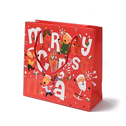 Christmas Santa Claus Print Paper Gift Bags with Nylon Cord Handle, Red, Square, 19.9x19.9x0.5cm, Unfold: 19.9x8.1x19.9cm(CARB-K003-01C-02)