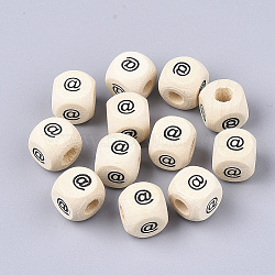 Maple Natural Wood European Beads, Large Hole Beads, Cube with Mark @, Antique White, 10x10x10mm, Hole: 4mm(X-WOOD-T019-10)