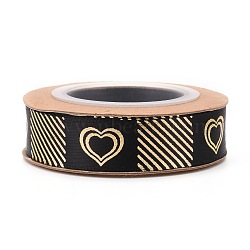 Polyester Ribbons, Single Face Golden Hot Stamping, for Gifts Wrapping, Party Decoration, Heart Pattern, Black, 5/8 inch(17mm), 10yards/roll(9.14m/roll)(SRIB-H038-02C)