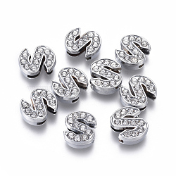 Alloy Initial Slide Charms with Grade A Rhinestones, for Personalized Name Necklaces Making, Lead Free & Nickel Free, Platinum, Letter.S, 12~13x8~13x4~5mm, Hole: 8x2mm(ALRI-R032-S-FF)