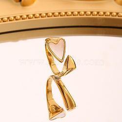 201 Stainless Steel with Acrylic Cuff Rings, Heart, Golden, White, Inner Diameter: Adjustable(FS-WG57E56-02)