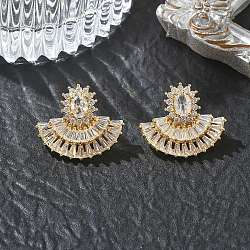 Fan-Shaped Brass & Clear Cubic Zirconia Stud Earrings for Women, Real 18K Gold Plated, 18.5x21.5mm(KK-CBA36A2-13G)