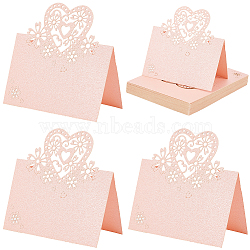 Paper Table Place Cards, Hollow Out, for Wedding, Restaurant, Birthday Party Decorations, Rectangle, Pink, Heart Pattern, 120x90x0.3mm(AJEW-WH0270-55B)