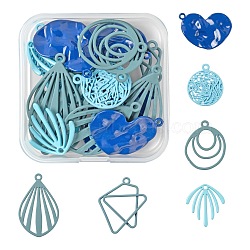 24Pcs 6 Style Blue Series Spray Painted Alloy Pendants, Oval & Fan & Branch & Geometric & Heart, Mixed Color, 19~33x18.5~27x1~3mm, Hole: 1.6~2mm, 4pcs/style(FIND-LS0001-62)