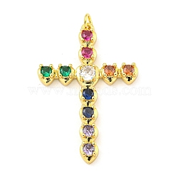 Cross Rack Plating Brass Cubic Zirconia Pendants, Cadmium Free & Lead Free, Real 18K Gold Plated, with Jump Ring, Colorful, 37.5x25.5x4mm, Hole: 2.7mm(KK-Z053-13G-01)