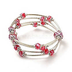 Fashion Wrap Bracelets, with Rondelle Glass Beads, Tibetan Style Bead Caps, Brass Tube Beads and Steel Memory Wire, Red, Inner Diameter: 55mm(BJEW-JB00628-13)