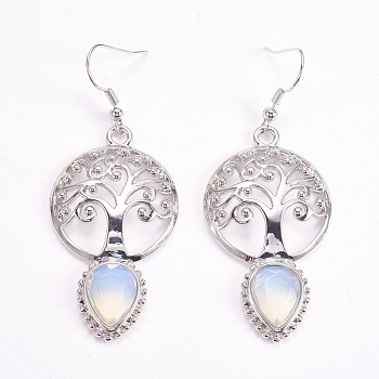Brass Dangle Earrings, Synthetic Opalite, Faceted, Hollow Flat Round with Tree of Life and Teardrop, Platinum, 66mm, Pin: 0.6mm