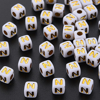 Opaque White Acrylic Beads, Metal Enlaced, Cube with Letters, Letter.N, 4.5mm, Hole: 2mm, about 5000pcs/500g