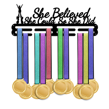 Sports Theme Iron Medal Hanger Holder Display Wall Rack, with Screws, Inspiring Word She Believed She Could So She Did, Gymnastics Pattern, 150x400mm