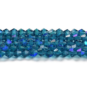 Transparent Electroplate Glass Beads Strands, AB Color Plated, Faceted, Bicone, Steel Blue, 6x6mm, Hole: 1mm, about 45~47pcs/strand, 9.65~9.84 inch(24.5~25cm)