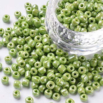 6/0 Glass Seed Beads, Opaque Colors Lustered, Round, Round Hole, Green Yellow, 6/0, 4mm, Hole: 1.5mm, about 450pcs/50g, 50g/bag, 18bags/2pound