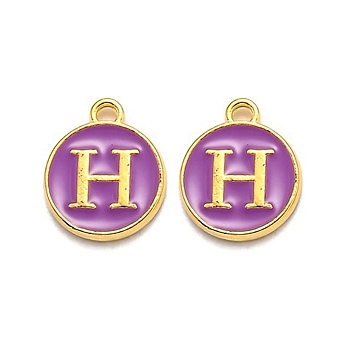 Golden Plated Alloy Enamel Charms, Enamelled Sequins, Flat Round with Alphabet, Letter.H, Purple, 14x12x2mm, Hole: 1.5mm