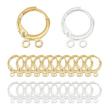 40Pcs 2 Color 2-hole Rack Plating Eco-friendly Brass Huggie Hoop Earring Findings, with Horizontal Loops, Lead Free & Cadmium Free, Ring, Mixed Color, 14.5x11x1.5mm, Hole: 1.5mm, Pin: 1mm, 20Pcs/color
