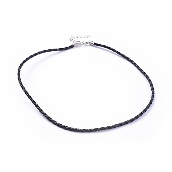 Trendy Braided Imitation Leather Necklace Making, with Iron End Chains and Lobster Claw Clasps, Platinum Metal Color, Black, 17 inch