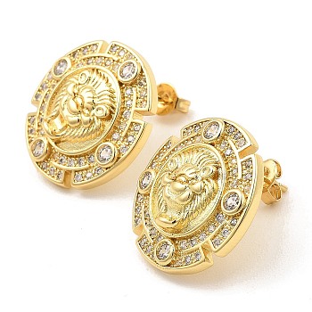 Brass Micro Pave Cubic Zirconia Stud Earrings, Flat Round with Lion, Real 16K Gold Plated, 20.5x20.5mm