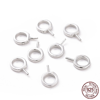 Rhodium Plated 925 Sterling Silver Screw Eye Peg Bails, Ring, Platinum, 9x6x1mm, Hole: 4mm, Pin: 0.6mm