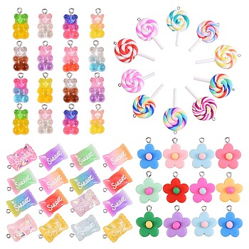 80Pcs 40 Style Polymer Clay & Resin Pendants, with Platinum Tone Iron Loop, Flower & Suger & Bear & Lollipop, Mixed Color, 2pcs/style