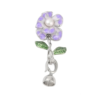 Brass Fold Over Clasps, with Natural Pearl and Enamel, Flower, Platinum, 43mm