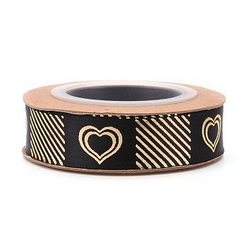 Polyester Ribbons, Single Face Golden Hot Stamping, for Gifts Wrapping, Party Decoration, Heart Pattern, Black, 5/8 inch(17mm), 10yards/roll(9.14m/roll)