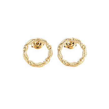 Ion Plating(IP) 304 Stainless Steel Hollow Ring Stud Earrings for Woman, Real 14K Gold Plated, 15mm, Pin: 0.7mm