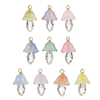 10Pcs Two Tone Glass Pendants, with Golden Brass Findings, Mushroom, Mixed Color, 20.5x11.5mm, Hole: 1.8mm, 10pcs/set