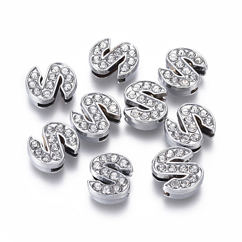 Alloy Initial Slide Charms with Grade A Rhinestones, Lead Free & Nickel Free, Platinum, Letter.S, 12~13x8~13x4~5mm, Hole: 8x2mm