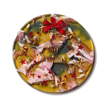 Transparent Christmas Themed Cellulose Acetate(Resin) Pendants, Flat Round Charms, Word Merry Christmas, 44x3mm, Hole: 1.8mm