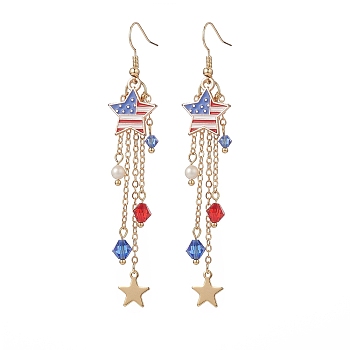 Independence Day Alloy Enamel Star Tassel Dangle Earrings, Natural  Shell Pearl Beaded Long Chains Drop Earrings, Golden Brass Jewelry for Women, Colorful, 85mm, Pin: 0.7mm