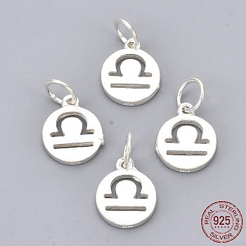 925 Sterling Silver Charms, with Jump Ring, Flat Round with Constellation/Zodiac Sign, with 925 Stamp, Libra, 12x10x1.5mm, Hole: 4mm