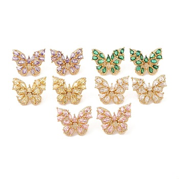 Rack Plating Brass with Cubic Zirconia Stud Earrings for Women, Cadmium Free & Lead Free, Long-Lasting Plated, Real 18K Gold Plated, Butterfly, Mixed Color, 20x25mm