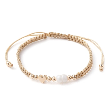 Brass & Natural Pearl Braided Bead Bracelets, Adjustable Bracelet, Heart, Inner Diameter: 1-3/4~3-1/2 inch(4.6~8.8cm)