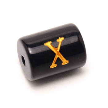 Painted Glass Beads, Black Column with Gold Letter, Letter.X, 13.7x10mm, Hole: 1.5mm