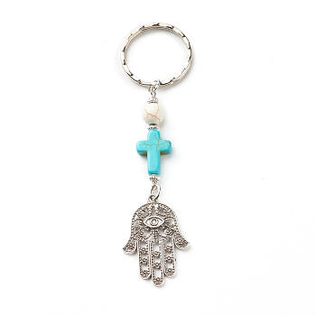Synthetic Howlite Bead and Synthetic Turquoise beads Keychain, with Tibetan Style Alloy Pendants, Spacer Beads and Iron Eye Pin, Cross & Hamsa Hand/Hand of Fatima/Hand of Miriam with Eye, 10cm