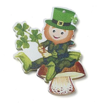 Saint Patrick's Day Opaque Printed Acrylic Pendants, Mushroom, 50x37x2mm, Hole: 1.6mm