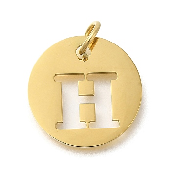 Ion Plating(IP) 304 Stainless Steel Pendants, with Jump Ring, Laser Cut, Flat Round with Letter Charm, Real 18K Gold Plated, Letter H, 20x1mm, Hole: 4.5mm