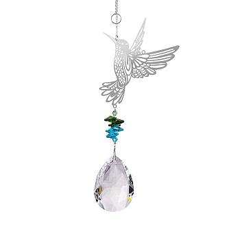 Iron Hollow Hanging Ornaments, Glass Teadrop Tassel for Home Garden Outdoor Decorations, Bird, 420mm