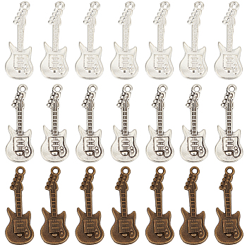 60Pcs 3 Colors Tibetan Style Alloy Pendants, Guitar, Lead Free & Cadmium Free, Mixed Color, 31x11x2mm, Hole: 2mm, 20pcs/color